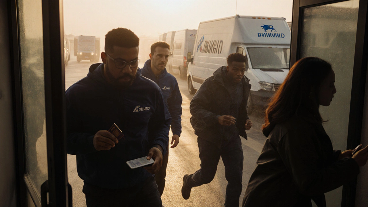 Люди входять до логістичної компанії вранці з правами та паспортами.