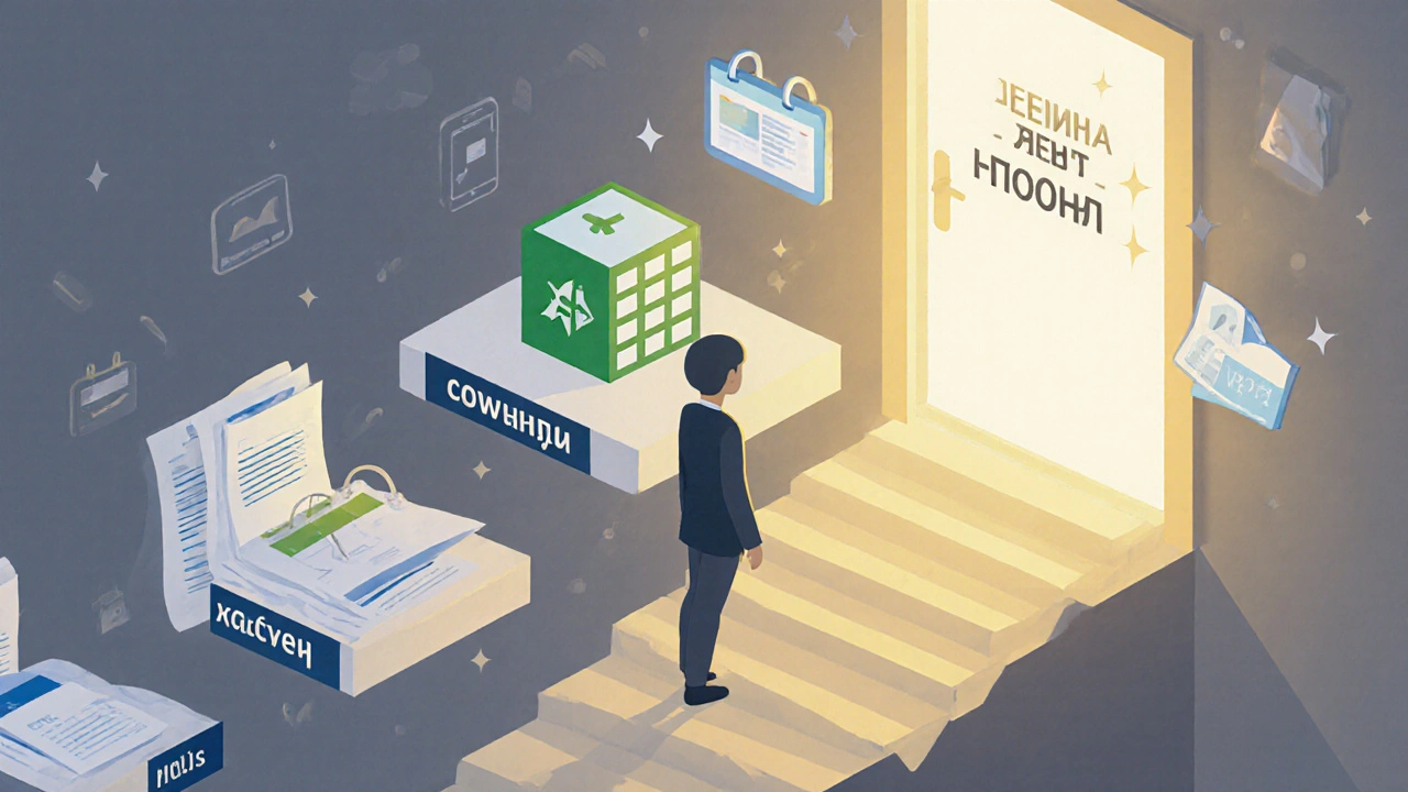 Человек поднимается по лестнице из документов и календарей к двери &#039;Перша робота&#039;.