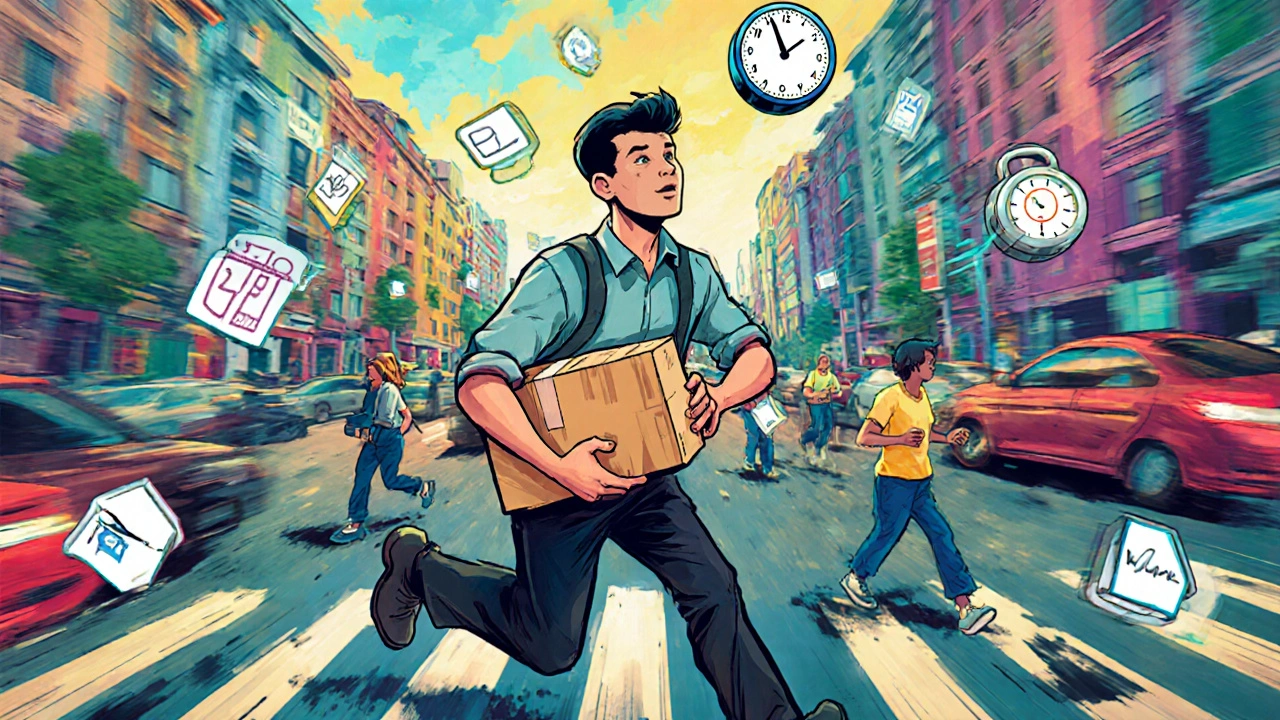 Динамічний сцена експедитора в хаотичному київському русі з навігацією та посилками.