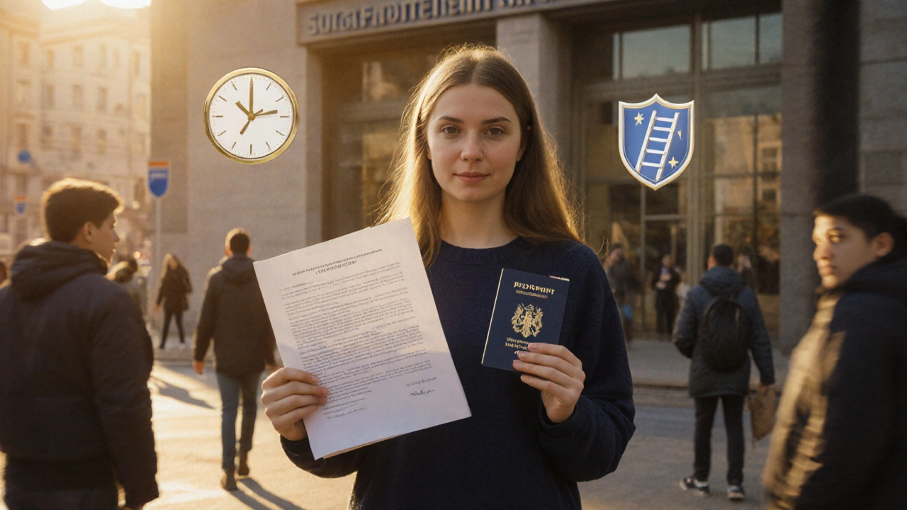 Дівчина отримує працевлаштувальний договір у центрі зайнятості з паспортом і дозволом батьків.