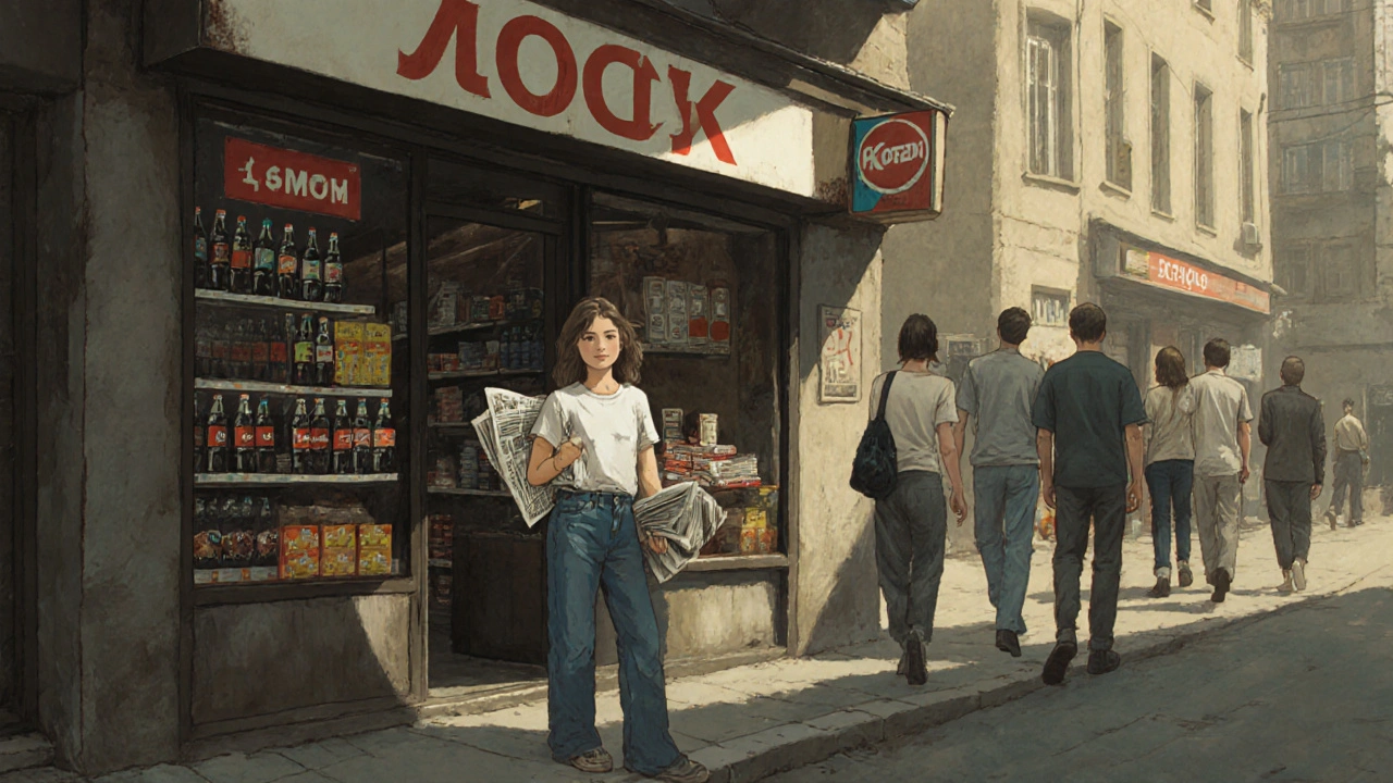 Дівчина продає газети та напої у кіоску в Троєщині, Київ.