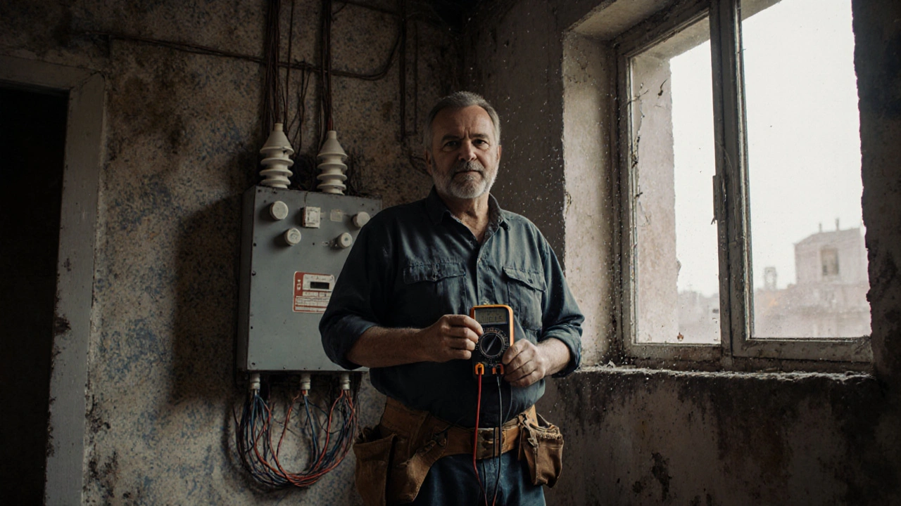 Досвідчений електрик працює зі старою проводкою у Троєщині