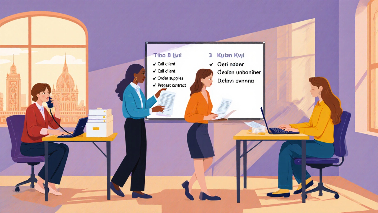 Група людей у коворкінгу в Києві виконує адміністративні завдання: дзвонять, пишуть, організовують зустрічі.