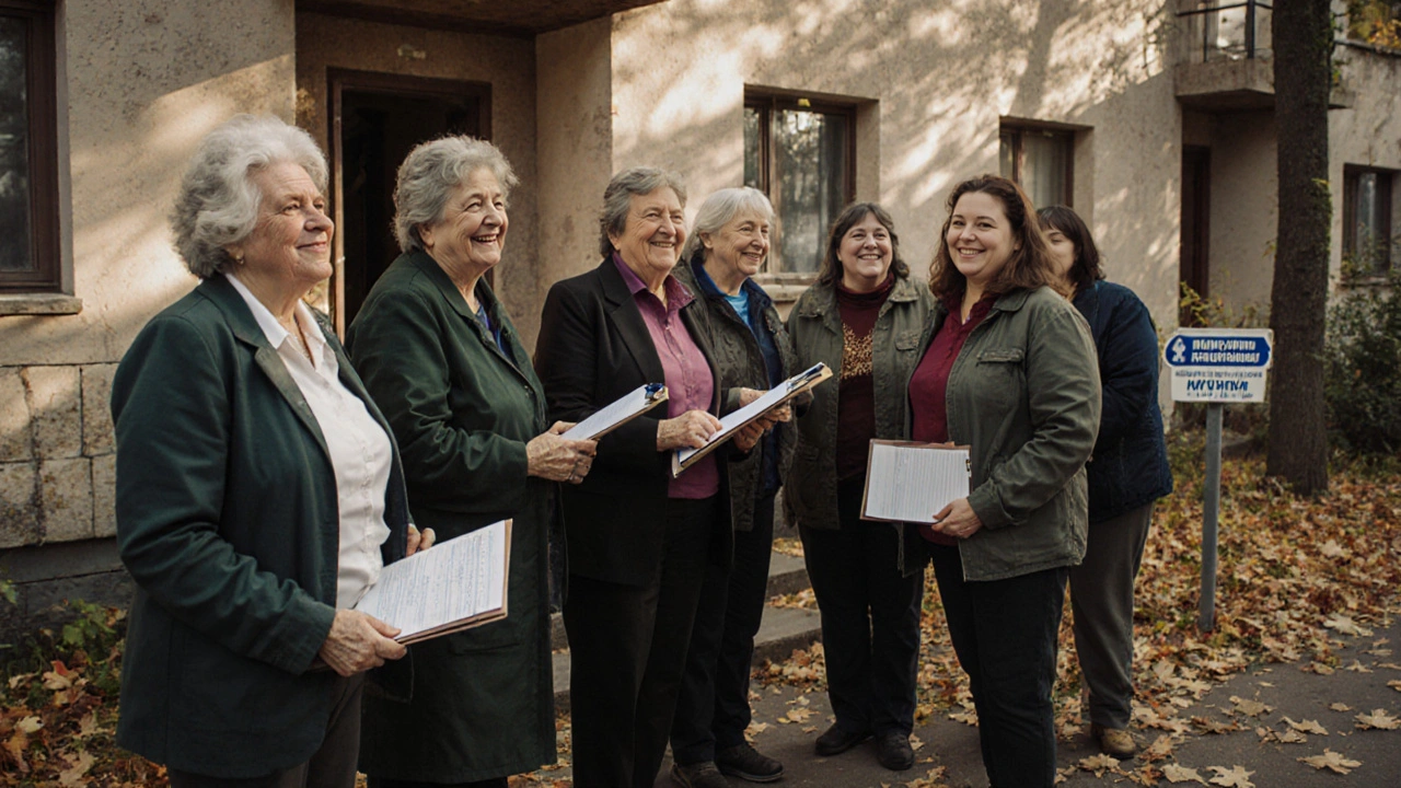 Група працівниць у простій одязі стоїть перед будинком престарілих у Києві, готуючись до зміни.