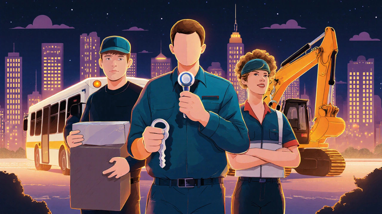 Група водіїв різних професій у нічному Києві, кожен зі своїм інструментом професії.