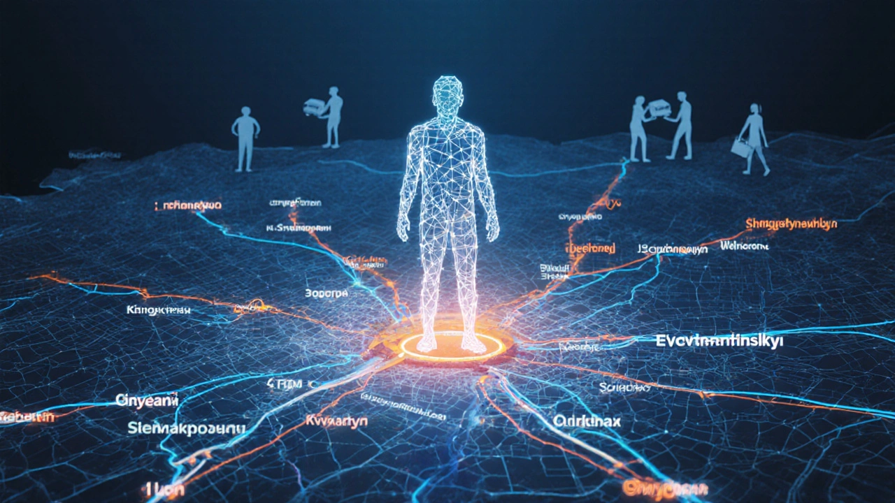 Концептуальне зображення людини з посилок, що з’єднує райони Києва мережею доставок.