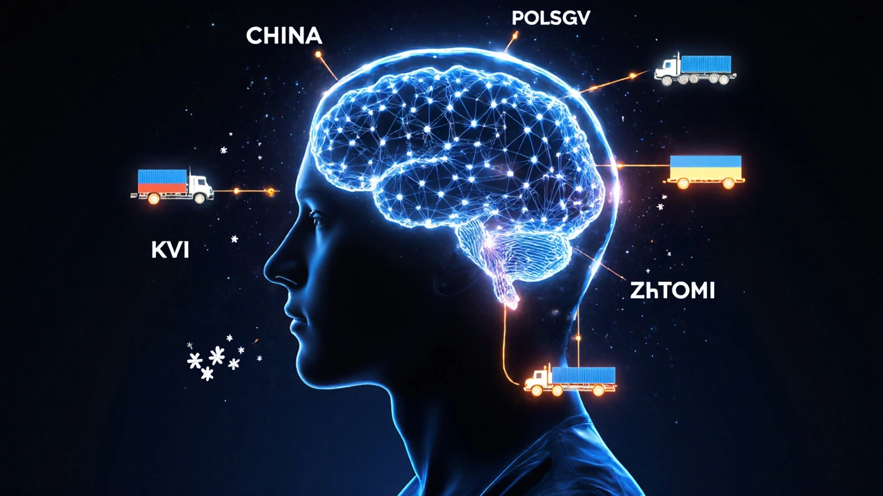 Концептуальне зображення мозку логіста з мережею вантажних потоків, що збігаються в Києві.