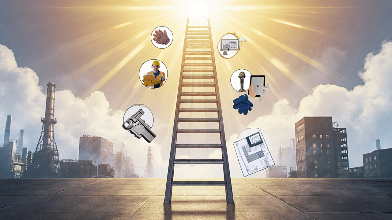 Лісниця кар’єрного зростання від робітника до інженера на заводі, символізує можливості без досвіду.
