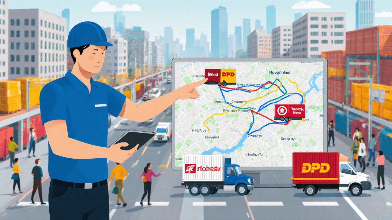 Логіст у складській зоні Києва аналізує маршрути доставки на планшеті серед вантажівок.