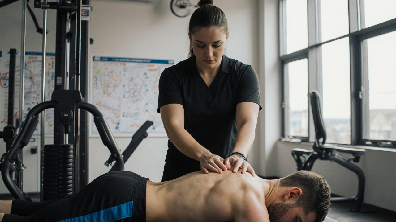 Масажист застосовує глибокий тканинний масаж спортсмену в фітнес-центрі.