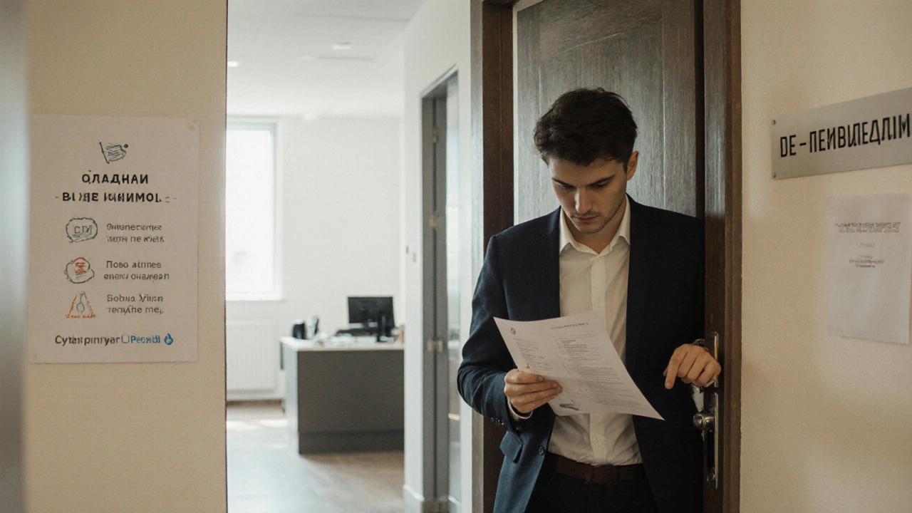 Молодой человек стучится в дверь офиса в Киеве, держа резюме, за ним видна рецепция.