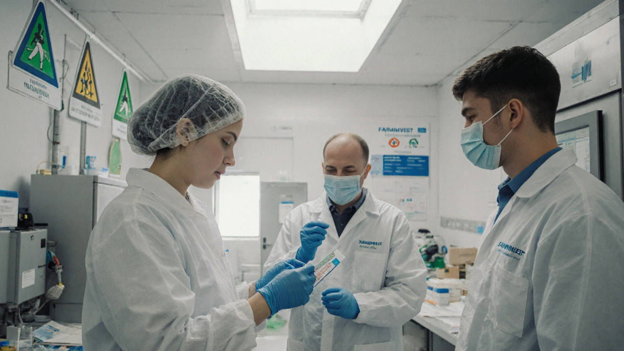 Працівники фармацевтичного заводу готуються до зміни, надягаючи захисне обладнання.