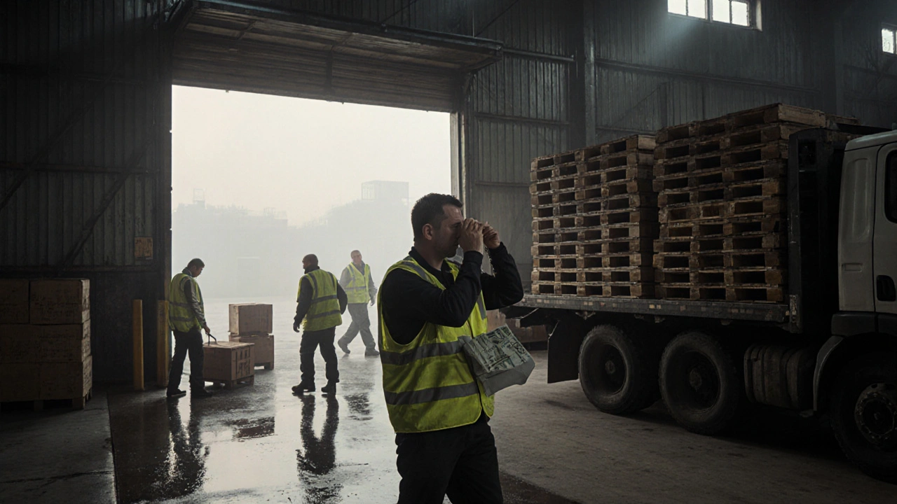 Працівники навантажують вантажівку на промзоні Воскресенка-2, тримаючи гроші після зміни.