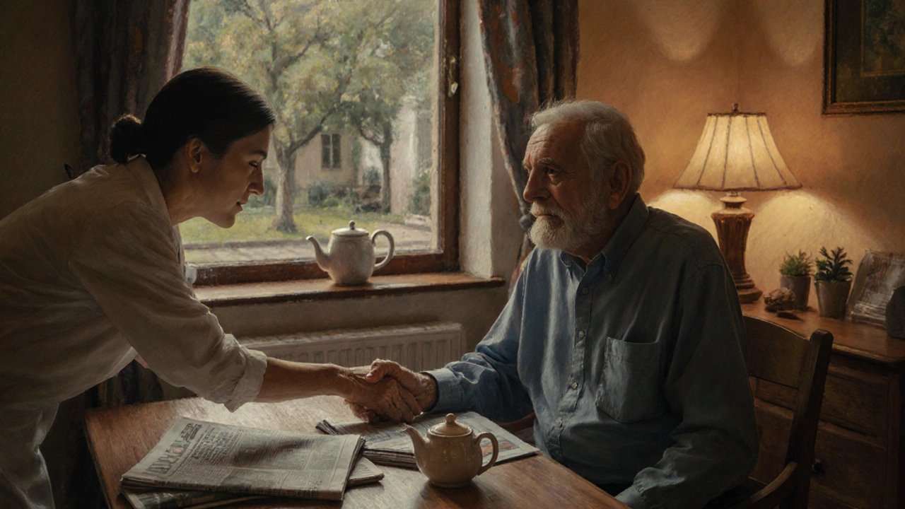 Руки доглядачі тримають руку літнього чоловіка, обидва посміхаються біля столу з чайником.