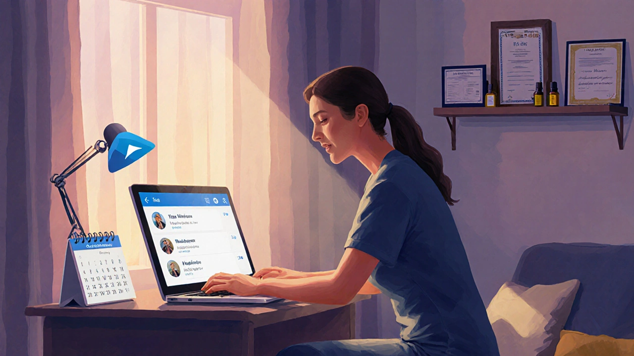 Вільний масажист працює в орендованому кабінеті з календарем замовлень і сертифікатами на стіні.