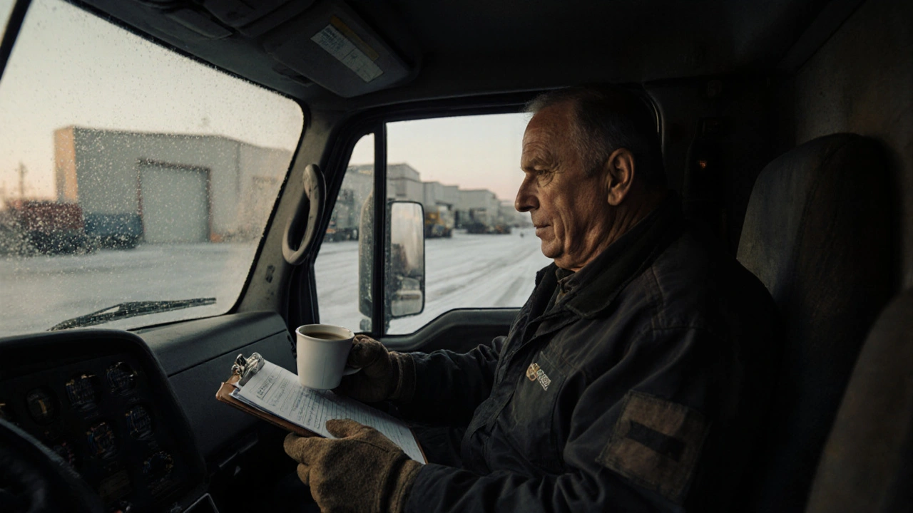 Водій вантажівки сидить у кабіні на світанку біля складу в Києві.