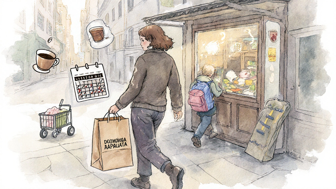 Жінка йде від кіоска з пакетом 'Щоденна зарплата', навколо — символи роботи, сім’ї та стабільності у Києві.