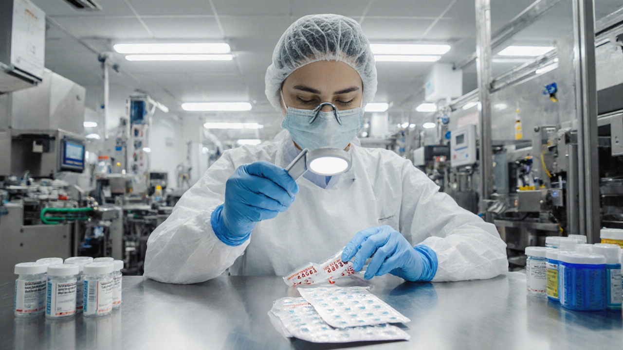 Жінка перевіряє терміни придатності ліків у фармацевтичній лінії з захисним одягом.