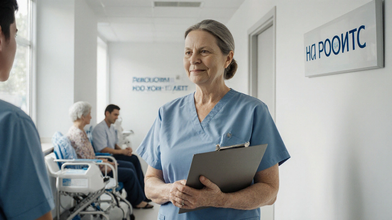 Жінка по 50 років передає клітку керівнику в клініці, оточена спокійною атмосферою та медичним обладнанням.