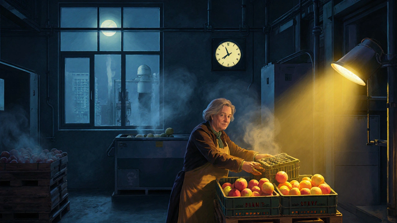 Жінка поспішно упаковує фрукти на нічній зміні на складі в Південному Києві.