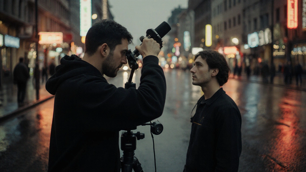 Звукорежисер на вулиці в Києві налаштовує бум-мікрофон під час зйомок фільму ввечері.